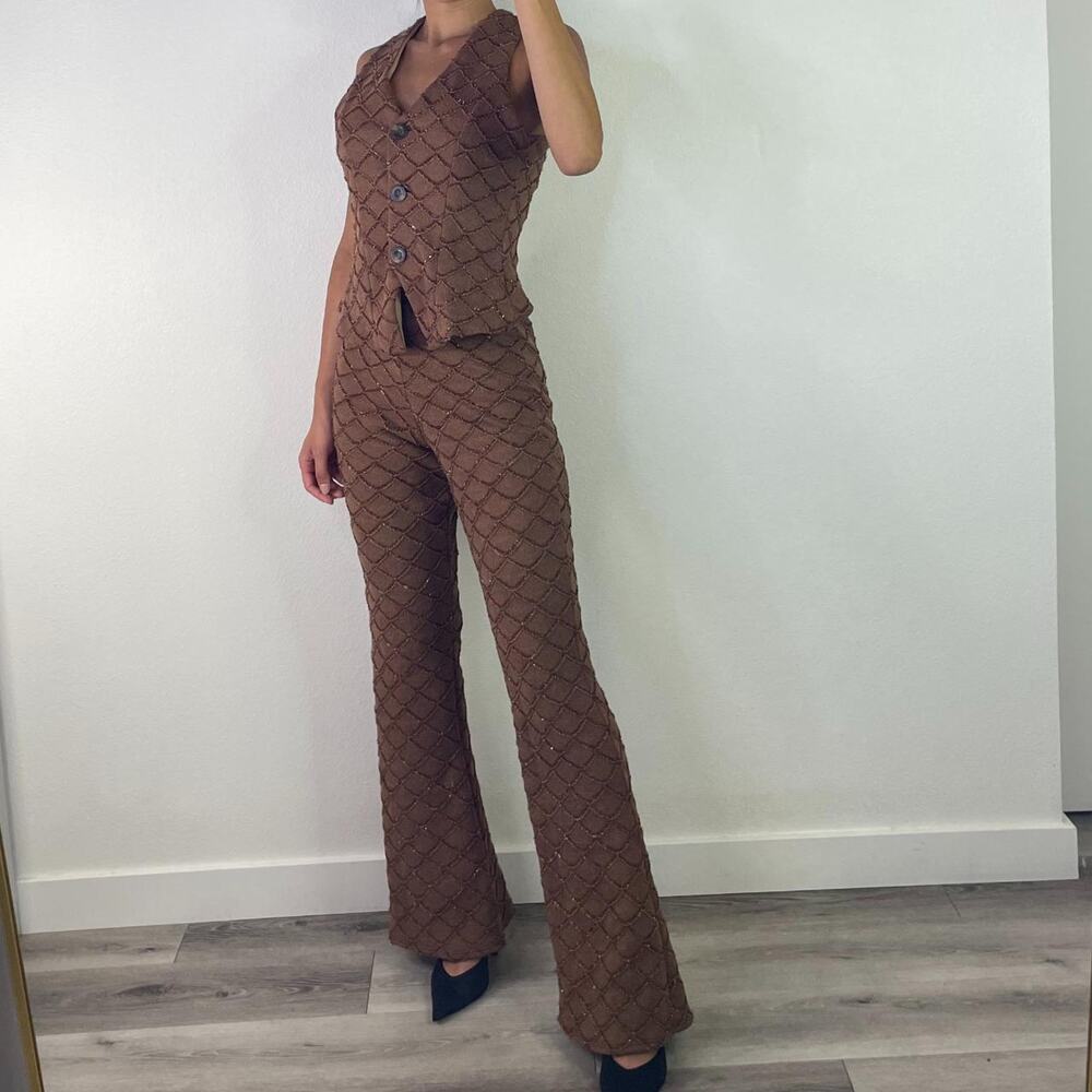 Brown Vest and Flared Pants Set